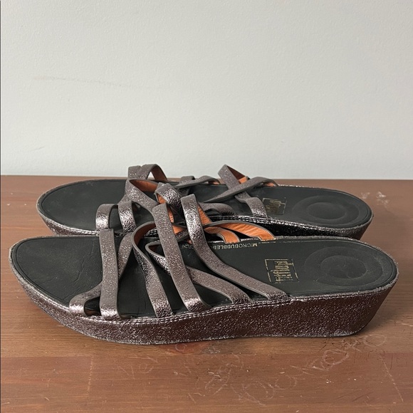 Fitflop Shoes - FitFlop Linny Sandals Women 9 metallic leather Crystal Strappy Platform Wedge ➕